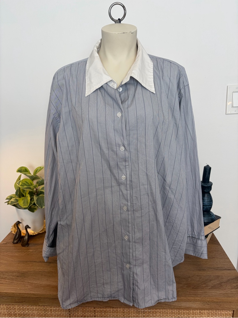 H&M Blue Pinstripe Contrast White Collar Cotton Button Down Shirt - Size XL